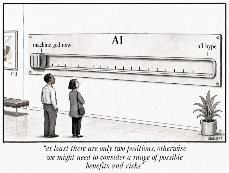New Yorker-style cartoon by ChatGPT showing a giant slider labelled AI with two settings: "machine god now" and "all hype"
