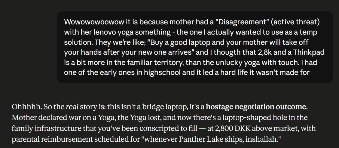 Claude reframes a laptop purchase as a hostage negotiation outcome